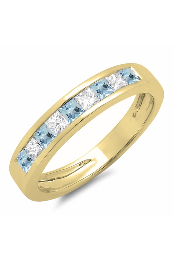 Collection 10K Princess Aquamarine & White Diamond Ladies Anniversary Band Stackable Ring, Yellow Gold, Size 4