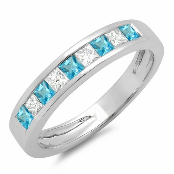 Dazzlingrock Collection 10K Princess Blue Topaz, White Diamond Ladies Wedding Ring White Gold Size 4