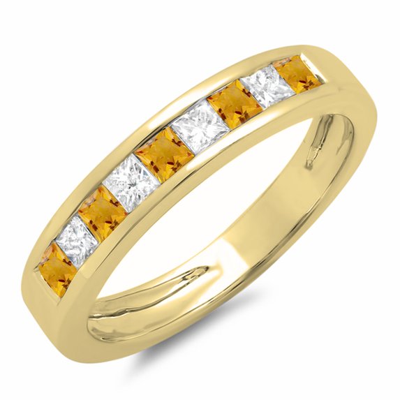Dazzlingrock Collection 10K Princess Citrine & White Diamond Ladies Wedding Band Stackable Ring, Yellow Gold, Size 8.5