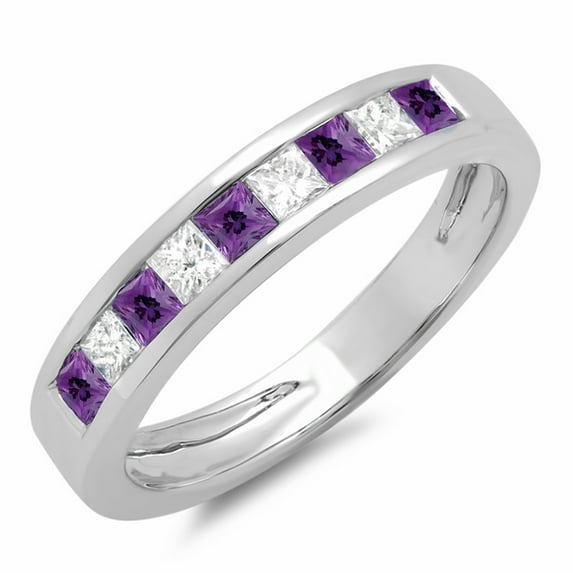 Dazzlingrock Collection 10K Princess Cut Amethyst & White Diamond Ladies Wedding Band Stackable Ring, White Gold, Size 4