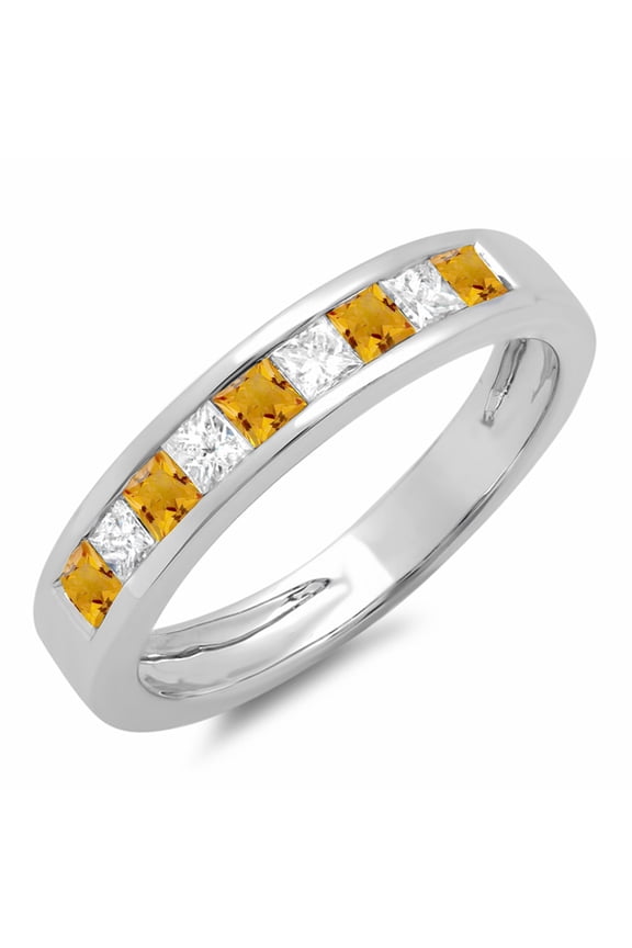 Collection 10K Princess Cut Citrine & White Diamond Ladies Wedding Band Stackable Ring, White Gold, Size 8