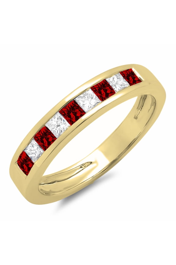Collection 10K Princess Cut Garnet & White Diamond Ladies Anniversary Stackable Ring, Yellow Gold, Size 7