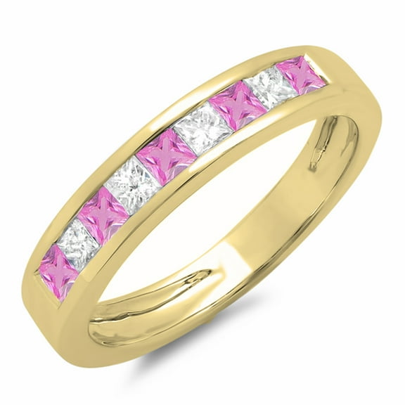 Dazzlingrock Collection 10K Princess Pink Sapphire & White Diamond Ladies Wedding Band Stackable Ring, Yellow Gold, Size 5
