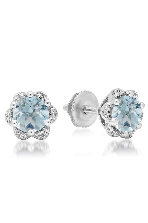 Collection 10K Round Aquamarine & White Diamond Ladies Flower Shape Cluster Fashion Stud Earrings, White Gold