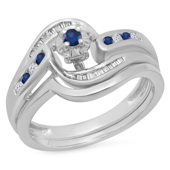 Dazzlingrock Collection 10K Round & Baguette Cut Blue Sapphire & White Diamond Bridal Engagement Ring Set, White Gold, Size 10