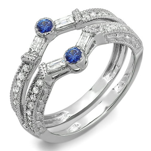Dazzlingrock Collection 10K Round & Baguette White Diamond & Blue Sapphire Wedding Enhancer Guard Band, White Gold, Size 5