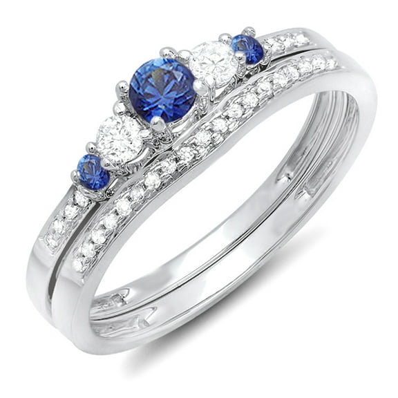 Dazzlingrock Collection 10K Round Blue Sapphire And White Diamond 5 Stone Bridal Ring Set, White Gold, Size 5.5