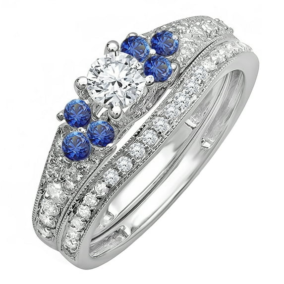 Dazzlingrock Collection 10K Round Blue Sapphire And White Diamond Bridal Engagement Ring Matching Band Set, White Gold, Size 5