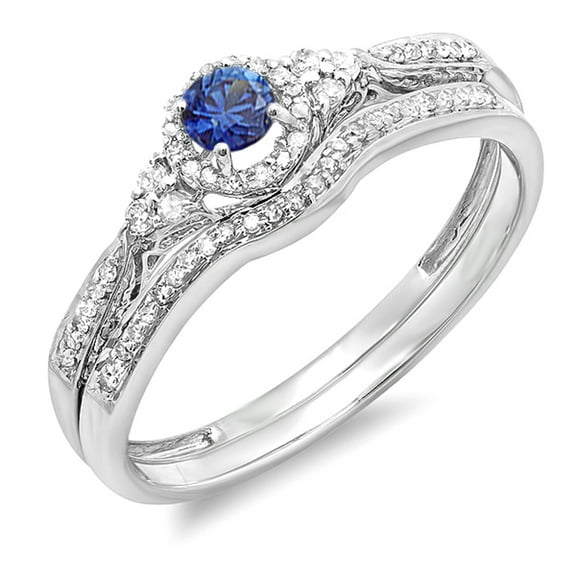 Dazzlingrock Collection 10K Round Blue Sapphire And White Diamond Ladies Halo Bridal Engagement Band Set, White Gold, Size 6