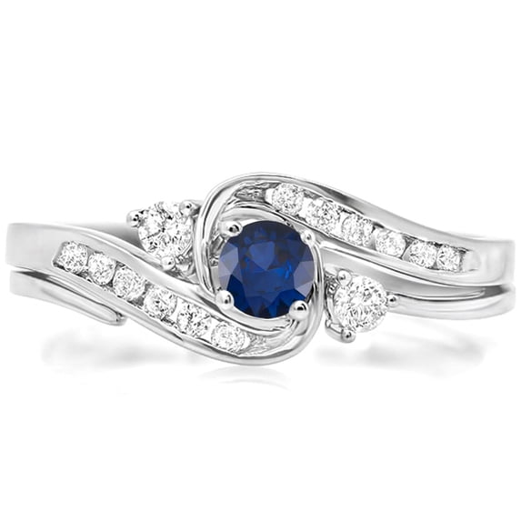 Dazzlingrock Collection 10K Round Blue Sapphire And White Diamond Ladies Swirl Bridal Engagement Ring Set, White Gold, Size 5.5