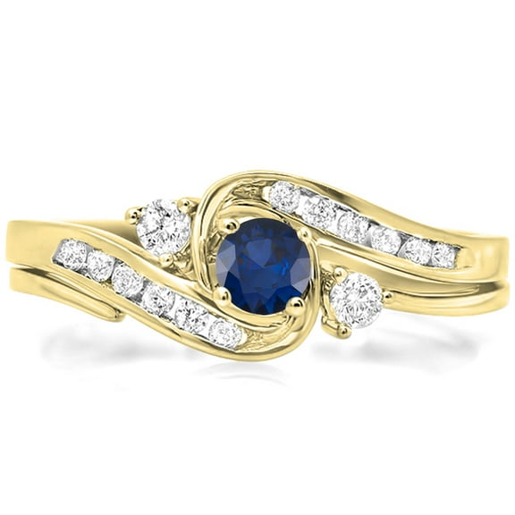 Dazzlingrock Collection 10K Round Blue Sapphire And White Diamond Ladies Swirl Bridal Engagement Ring Set, Yellow Gold, Size 8.5