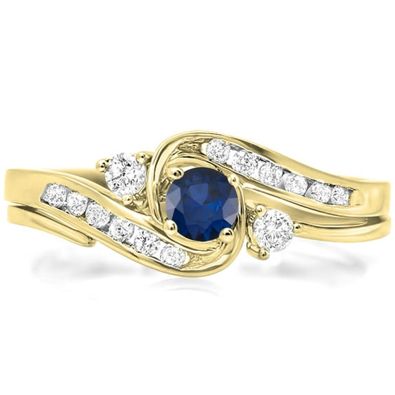 Dazzlingrock Collection 10K Round Blue Sapphire And White Diamond Ladies Swirl Bridal Engagement Ring Set, Yellow Gold, Size 9.5