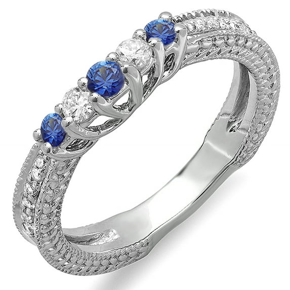 Dazzlingrock Collection 10K Round Blue Sapphire And White Diamond Ladies Wedding Band Guard Enhancer Ring, White Gold, Size 9