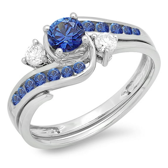 Dazzlingrock Collection 10K Round Blue Sapphire And White Diamond Swirl Bridal Engagement Ring Set, White Gold, Size 4.5