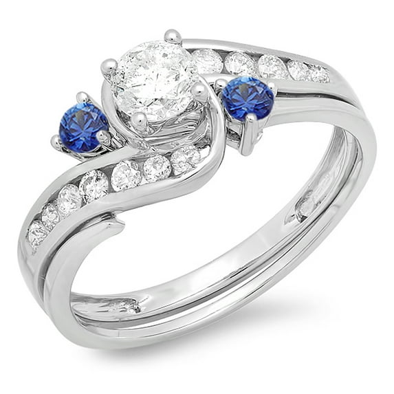 Dazzlingrock Collection 10K Round Blue Sapphire And White Diamond Swirl Bridal Engagement Ring Set, White Gold, Size 7.5