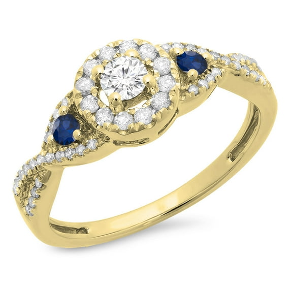 Dazzlingrock Collection 10K Round Blue Sapphire & White Diamond 3 Stone Swirl Halo Bridal Engagement Ring, Yellow Gold, Size 4