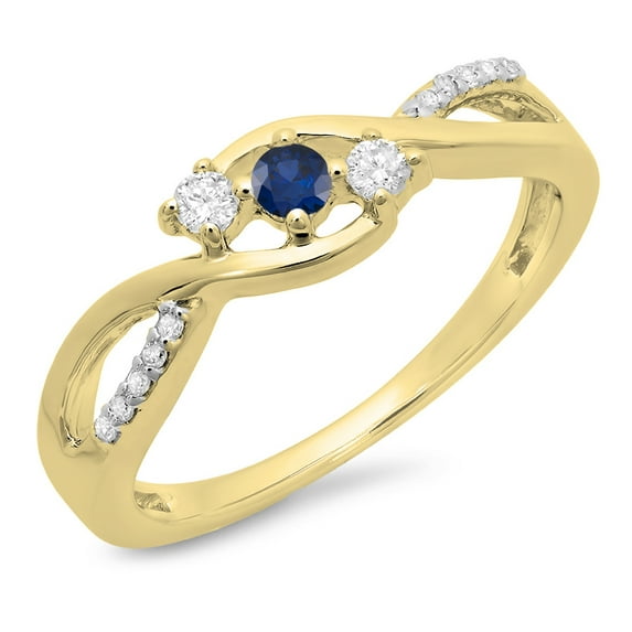 Dazzlingrock Collection 10K Round Blue Sapphire & White Diamond 3 Stone Swirl Split Shank Engagement Ring, Yellow Gold, Size 5.5
