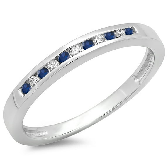 Dazzlingrock Collection 10K Round Blue Sapphire & White Diamond Anniversary Wedding Band Stackable Ring, White Gold, Size 6.5