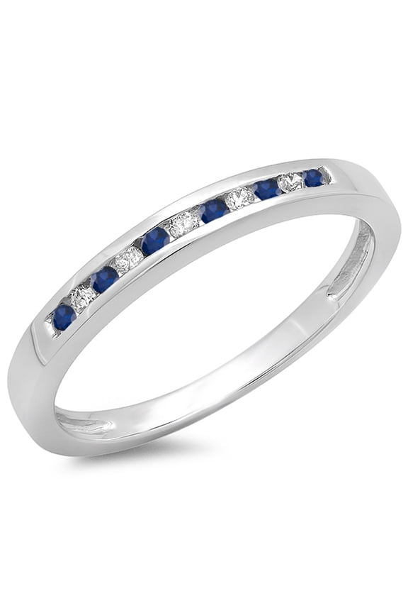 Collection 10K Round Blue Sapphire & White Diamond Anniversary Wedding Band Stackable Ring, White Gold, Size 6