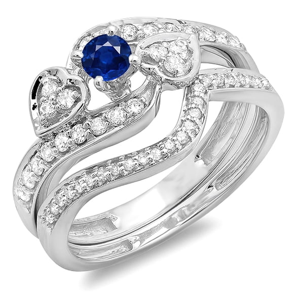 Dazzlingrock Collection 10K Round Blue Sapphire & White Diamond Bridal Engagement Ring 3 Piece Set, White Gold, Size 8