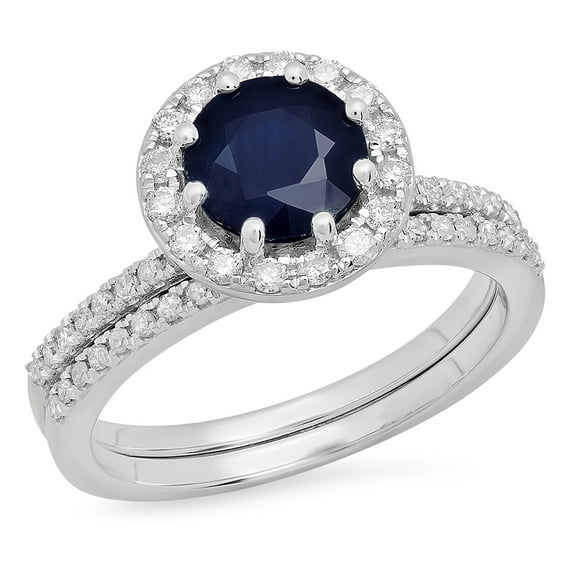 Dazzlingrock Collection 10K Round Blue Sapphire & White Diamond Bridal Engagement With Matching Set, White Gold, Size 8