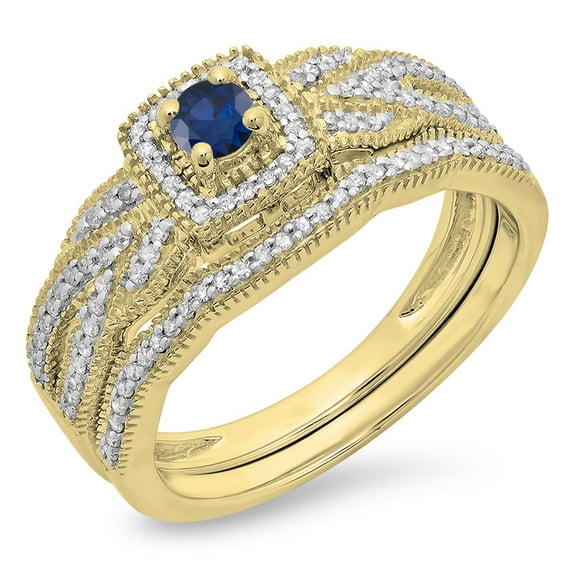 Dazzlingrock Collection 10K Round Blue Sapphire & White Diamond Bridal Halo Engagement Ring Set, Yellow Gold, Size 6.5