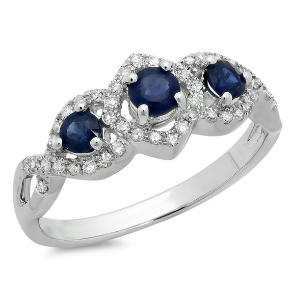 Dazzlingrock Collection 10K Round Blue Sapphire & White Diamond Bridal Vintage 3 Stone Engagement Ring, White Gold, Size 8.5