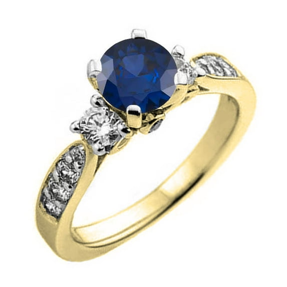 Dazzlingrock Collection 10K Round Blue Sapphire & White Diamond Ladies 3 Stone Bridal Engagement Ring, Yellow Gold, Size 6.5