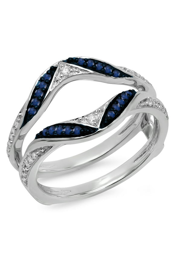 Collection 10K Round Blue Sapphire & White Diamond Ladies Anniversary Guard Double Ring, White Gold, Size 7.5