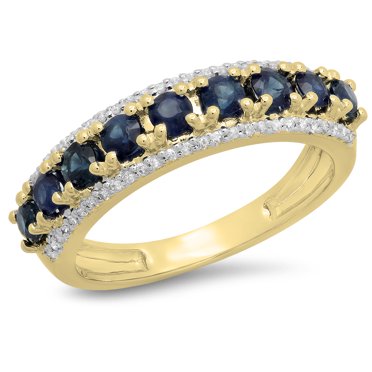Dazzlingrock Collection 10K Round Blue Sapphire & White Diamond Ladies Anniversary Wedding Band, Yellow Gold, Size 7
