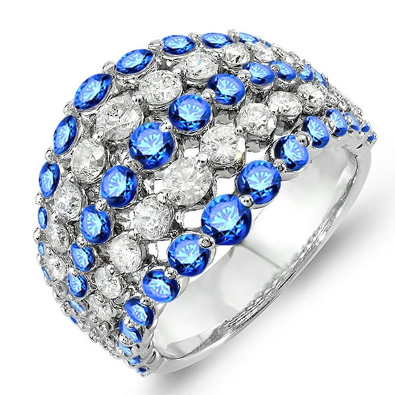 Dazzlingrock Collection 10K Round Blue Sapphire & White Diamond Ladies Cocktail Right Hand Ring, White Gold, Size 6.5