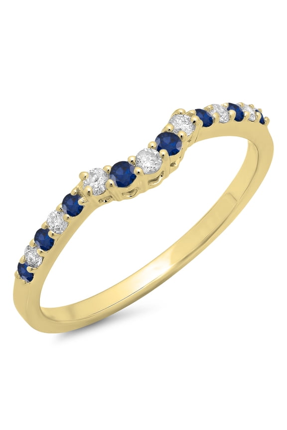 Collection 10K Round Blue Sapphire & White Diamond Ladies Contour Wedding Stackable Ring, Yellow Gold, Size 7
