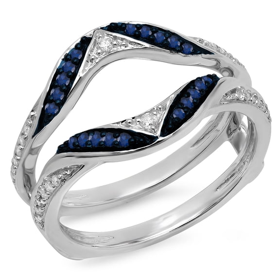 Dazzlingrock Collection 10K Round Blue Sapphire, White Diamond Ladies Guard Ring, White Gold, Size 6