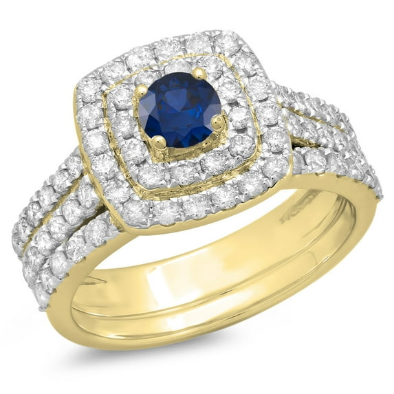 Dazzlingrock Collection 10K Round Blue Sapphire & White Diamond Ladies Halo Bridal Engagement Ring Set, Yellow Gold, Size 5