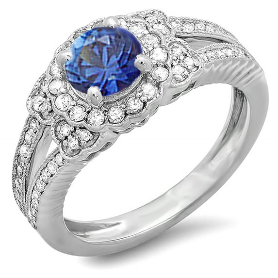 Dazzlingrock Collection 10K Round Blue Sapphire & White Diamond Ladies Halo Vintage Bridal Engagement Ring, White Gold, Size 6.5