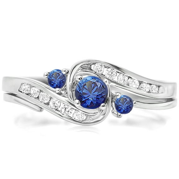 Dazzlingrock Collection 10K Round Blue Sapphire & White Diamond Ladies Swirl Bridal Engagement Ring Set, White Gold, Size 7.5