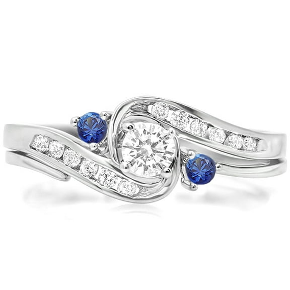 Dazzlingrock Collection 10K Round Blue Sapphire & White Diamond Ladies Swirl Bridal Engagement Ring Set, White Gold, Size 9