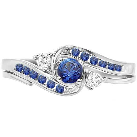 Dazzlingrock Collection 10K Round Blue Sapphire & White Diamond Ladies Swirl Bridal Engagement Ring Set, White Gold, Size 9