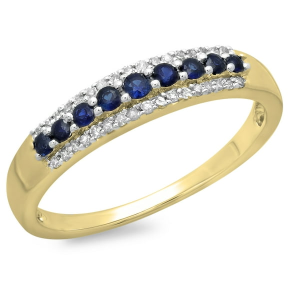 Dazzlingrock Collection 10K Round Blue Sapphire & White Diamond Ladies Wedding Band Stackable Ring, Yellow Gold, Size 7.5