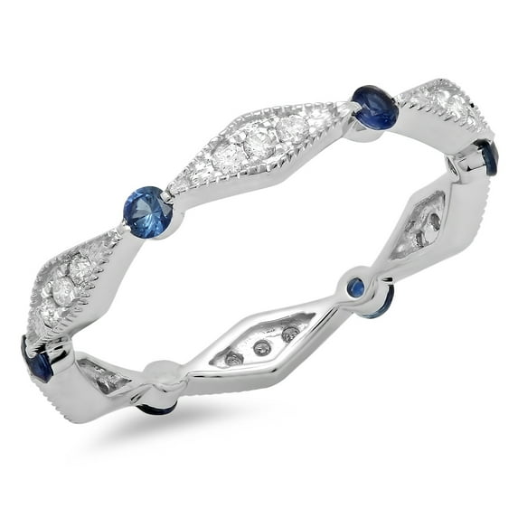 Dazzlingrock Collection 10K Round Blue Sapphire & White Diamond Ladies Wedding Eternity Stackable Band, White Gold, Size 6.5