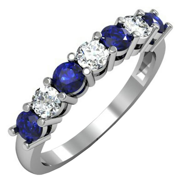 Dazzlingrock Collection 10K Round Blue Sapphire and White Diamond 7 Stone Bridal Wedding Band, White Gold, Size 6.5