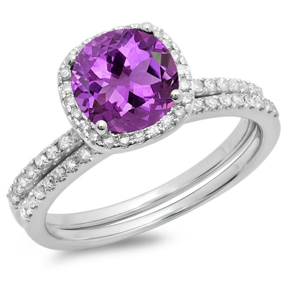 Dazzlingrock Collection 10K Round Cut Amethyst & White Diamond Ladies Bridal Halo Engagement Ring Set, White Gold, Size 6.5