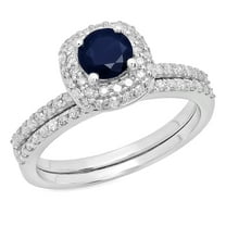 Dazzlingrock Collection 10K Round Cut Blue Sapphire & White Diamond Bridal Halo Engagement Ring Set, White Gold, Size 9.5