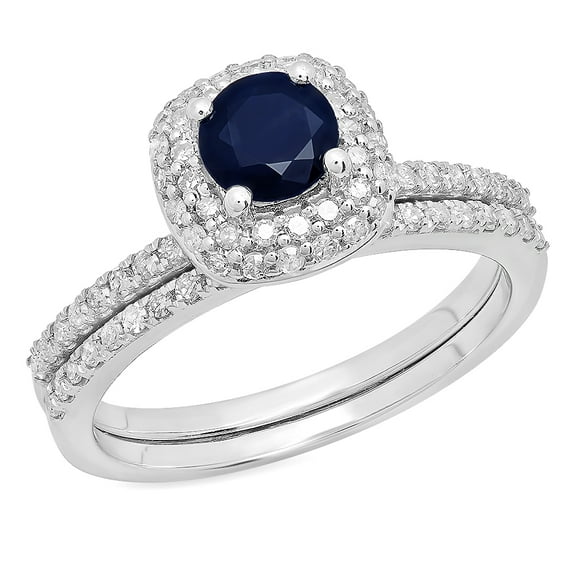 Dazzlingrock Collection 10K Round Cut Blue Sapphire & White Diamond Bridal Halo Engagement Ring Set, White Gold, Size 9.5