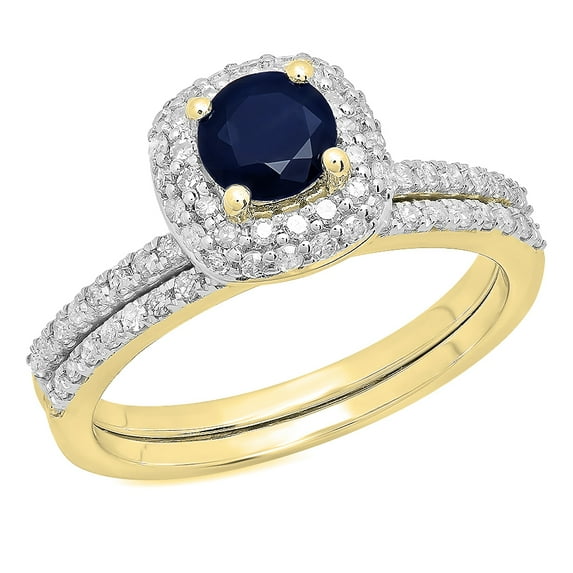 Dazzlingrock Collection 10K Round Cut Blue Sapphire & White Diamond Bridal Halo Engagement Ring Set, Yellow Gold, Size 6.5
