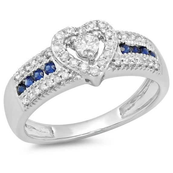 Dazzlingrock Collection 10K Round Cut Blue Sapphire & White Diamond Bridal Heart Promise Engagement Ring, White Gold, Size 4.5