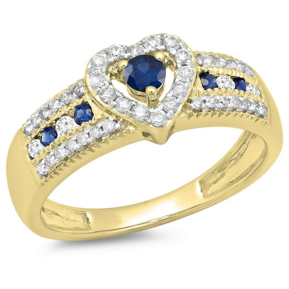 Dazzlingrock Collection 10K Round Cut Blue Sapphire & White Diamond Ladies Bridal Heart Engagement Ring, Yellow Gold, Size 4.5