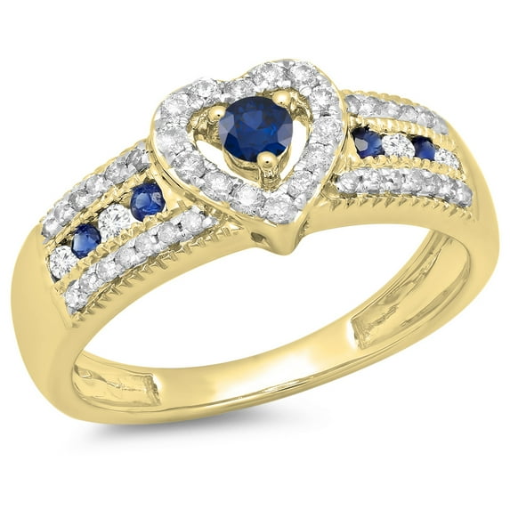 Dazzlingrock Collection 10K Round Cut Blue Sapphire & White Diamond Ladies Bridal Heart Engagement Ring, Yellow Gold, Size 5