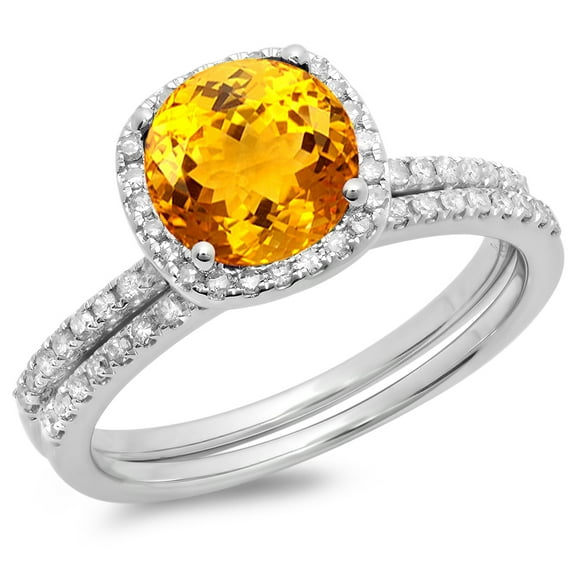 Dazzlingrock Collection 10K Round Cut Citrine & White Diamond Ladies Bridal Halo Engagement Ring Set, White Gold, Size 9.5