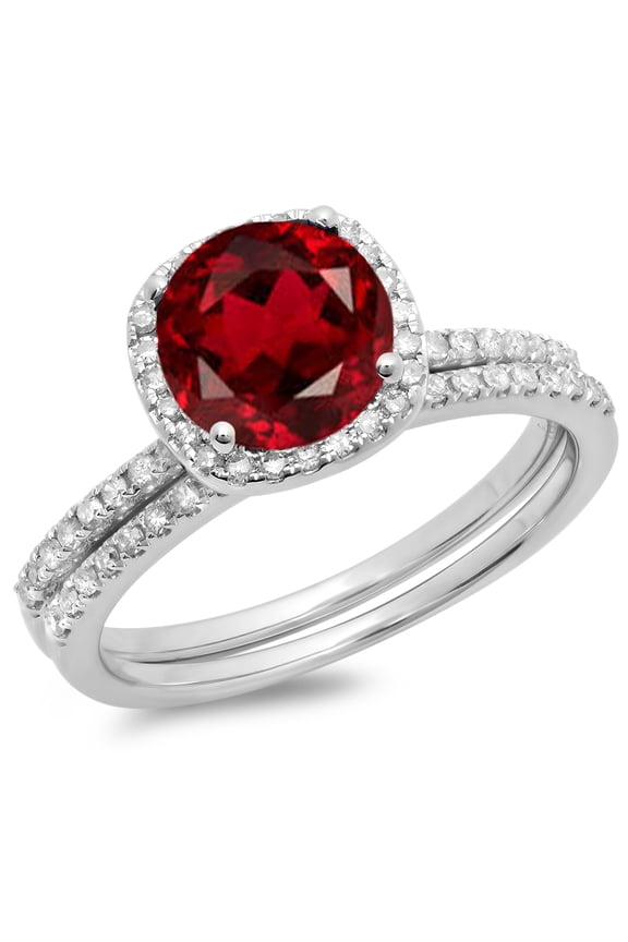 Collection 10K Round Cut Garnet & White Diamond Ladies Bridal Halo Engagement Ring Set, White Gold, Size 4